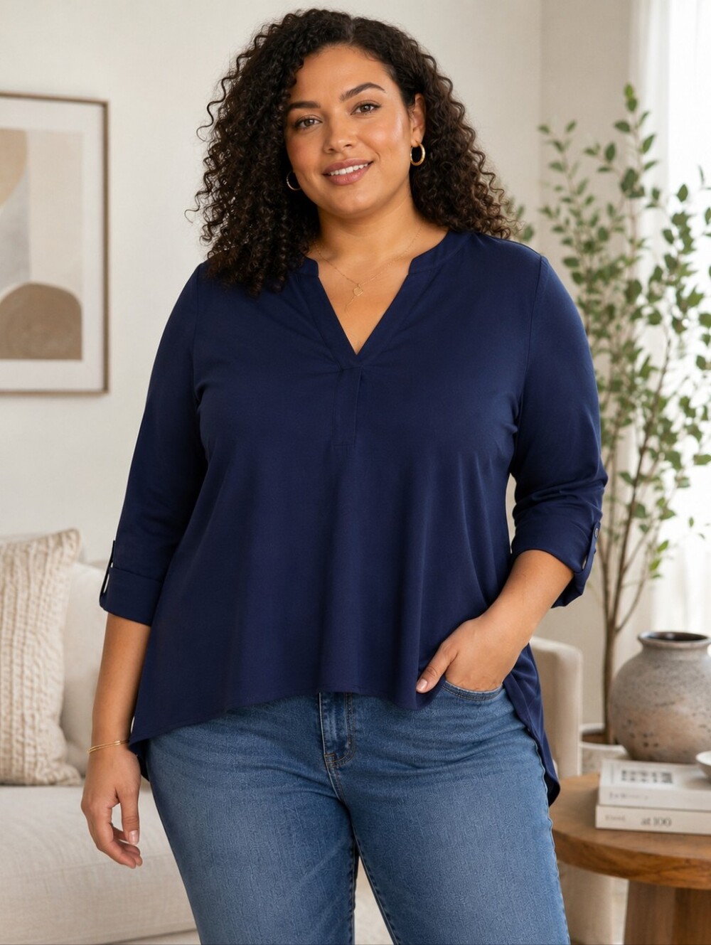 Eloquii Navy Blouse Women’s V-Neck Layered Hem Long Sleeve Top 2x Estimate